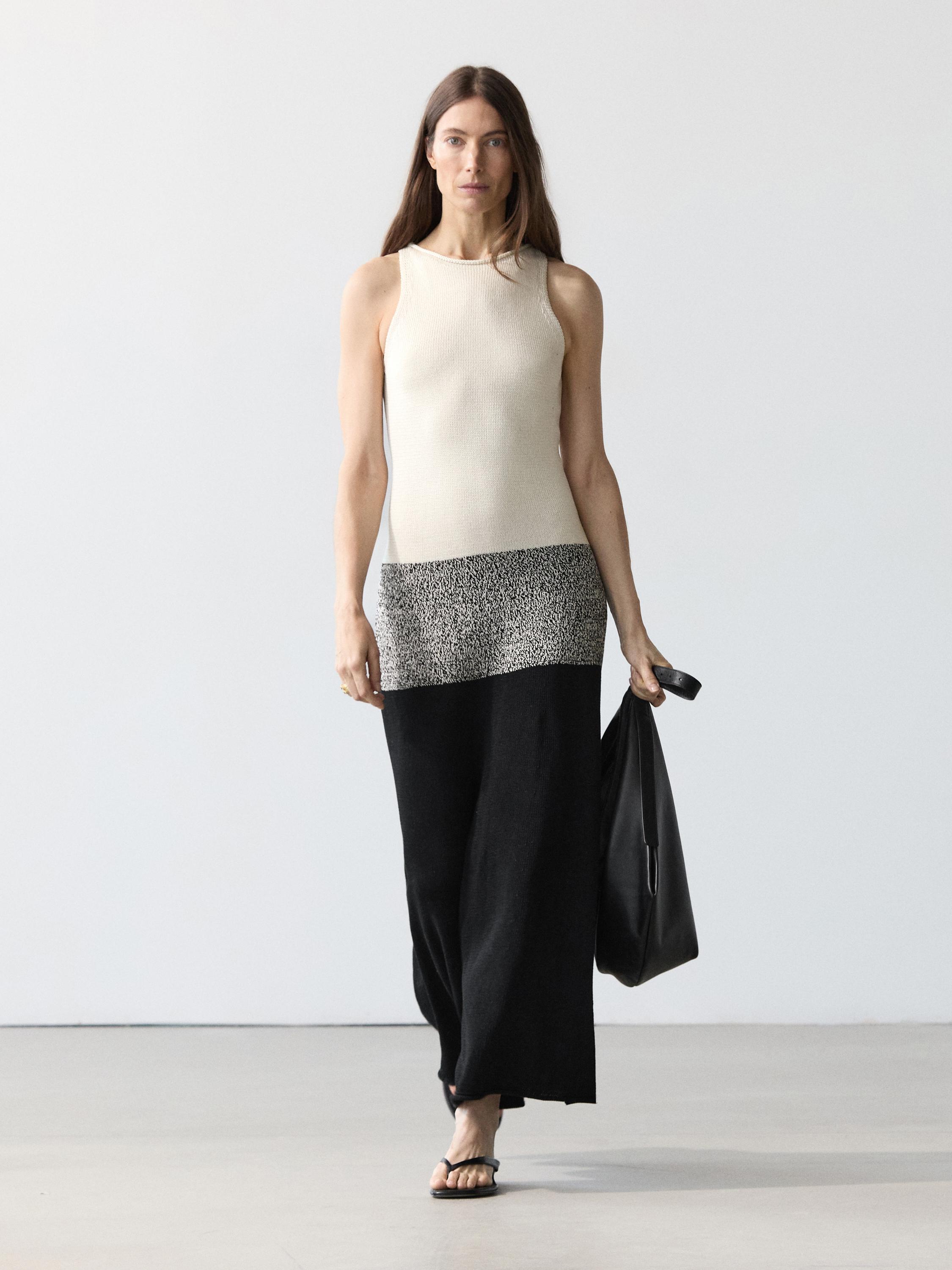 100% cotton contrast knit midi dress